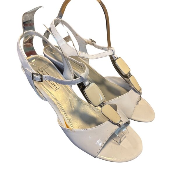 Laura Scott White Patent Leather Sandals With T-Strap Block Heel Size 8 - Picture 3 of 6